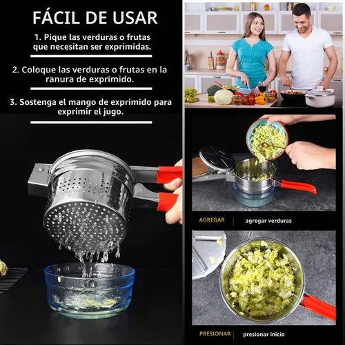 Vista 3 de Exprimidor de verduras de acero inoxidable de 13.5 onzas, mango de silicona roja antideslizante, exprimidor de agua vegetal de metal para exprimir