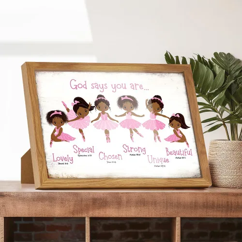 Vista 6 de Arte de pared negro afroamericano enmarcado – God says you are cristiano versos de la Biblia – Decoración de habitación religiosa – Decoración