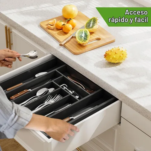 Vista 7 de Pipishell - Organizador de Cajones Extensible de Bambú para Soporte de Utensilios, Bandeja de Cubiertos Ajustable, Organizador de Divisores