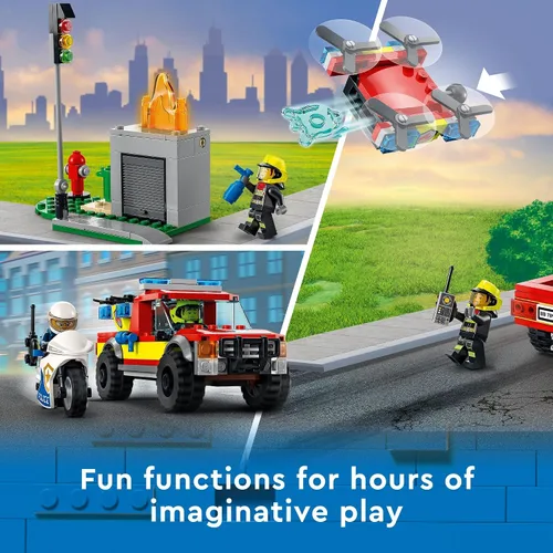 Vista 3 de LEGO City Fire Rescue & Police Chase - Juego de construcción de bomberos y policía para niños, con 3 minifiguras, camión de emergencia, patrulla