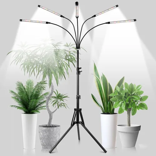 Vista 7 de Garpsen Luz de crecimiento con soporte, luces de cultivo de 5 cabezas para plantas de interior, luz de planta LED de 100 diodos de espectro completo