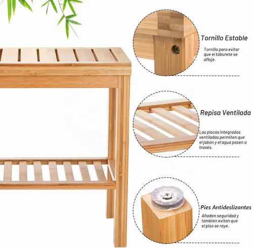 Vista 4 de SOUJOY Banco de ducha de bambú, taburete de asiento de baño, taburete de afeitado para reposapiés de spa, estante de almacenamiento para toalla