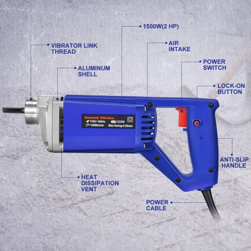 Vista 2 de Seeutek Herramienta de vibración de concreto portátil - Vibrador de concreto eléctrico de 1500W 4.57m, vibrador de lápiz de cemento portátil