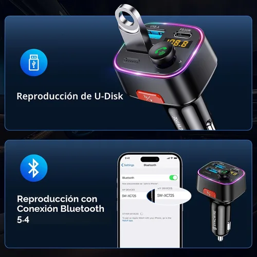 Vista 5 de Syncwire Bluetooth 5.4 Transmisor FM Adaptador de coche 48W (PD 36W y 12W) [Interruptor de luz] [Sonido de bajo HiFi] [Carga rápida] Adaptador