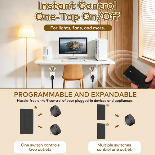 Vista 6 de Remote Switch Outlet,NineLeaf Remote Control Outlet Plug with Switch Wireless On/Off Light Switches Wall Mounted,15A/1500W LED,TUV List,No Wiring