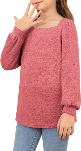 Vista 4 de BZB Camisas de manga larga para niñas, estilo casual, cuello cuadrado, túnica para otoño e invierno, ropa de 5 a 14 años