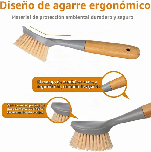 Vista 4 de 2 paquetes de cepillos de cocina con mango de bambú, limpiador de platos con raspador incorporado, cepillo de limpieza para sartenes, ollas
