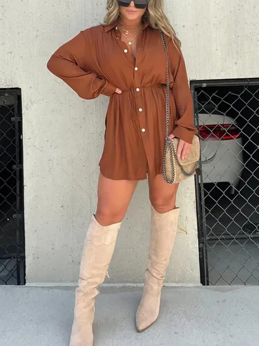 Vista 3 de WEJDYKG Nuevo conjunto de vestido de satén de otoño, vestido de satén de manga larga para mujer, mini vestido camisero de manga larga