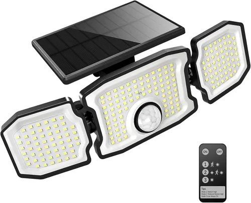 Vista 12 de Luces solares impermeables para exteriores, 2800 lm, 200 luces LED con sensor de movimiento, 3 cabezales y 3 modos de luces de inundación, luces