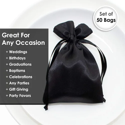 Vista 5 de Bolsas de regalo de satén negro de 3 x 4 pulgadas, bolsas de joyería, bolsas de cordón sedosas para regalos de boda, baby shower, Navidad, 50 por