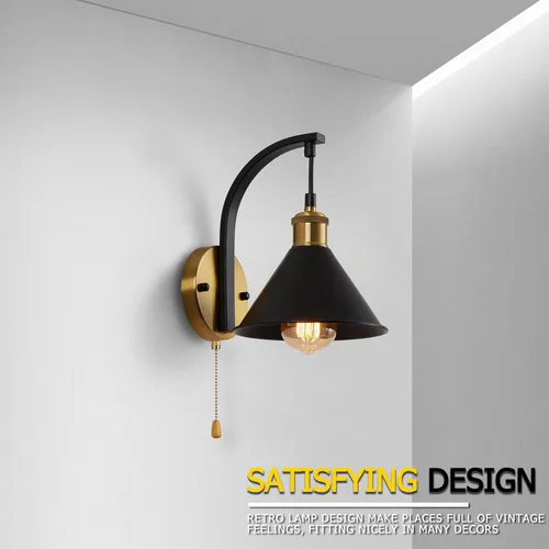 Vista 3 de Lightess Apliques de Pared Industriales con Interruptor de Cordón, Luz de Pared Montada Estilo Granja Negro, Accesorio de Iluminación de Pared
