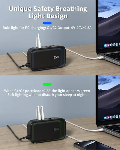 Vista 5 de Regleta de alimentación 7 en 1, regleta de alimentación PD USB C de 85W con 3 USB-C, 2 puertos USB-A y toma de corriente AC de 2500W, enchufe plano