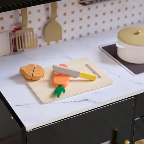 Vista 11 de Teamson Kids Juego de cocina de madera para niños pequeños con accesorios, juego de cocina simulada para niños de 3 años en adelante, juego de Negro