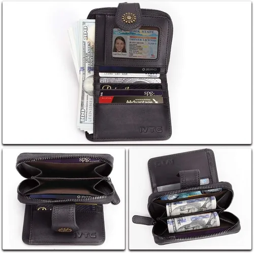 Vista 7 de Billeteras de cuero plegables para mujer, estilo vintage, hechas a mano, pequeño, con cremallera, Negro -, Billetera plegable