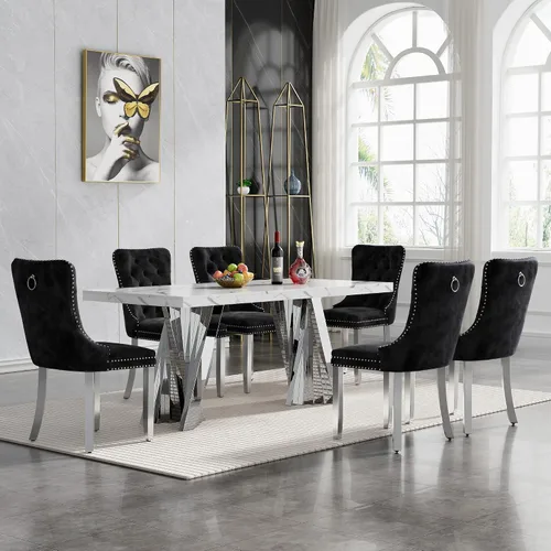 Vista 63 de HomVent - Juego de mesa de comedor de mármol sintético de 68 pulgadas con 4 sillas de terciopelo para cocina Modern Rectangular Faux Marble