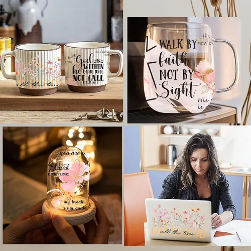Vista 7 de Adhesivo UV DTF para tazas, 4 hojas de transferencia de flores de la Biblia UV DTF para vidrio de 16 onzas, floral, citas inspiradoras, versículo
