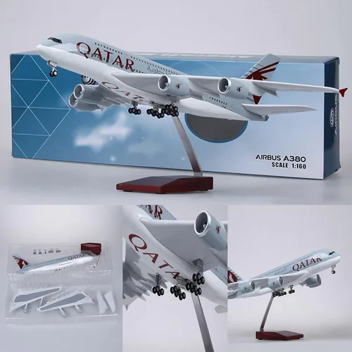 Vista 7 de Modelo de avión a escala 1:160 de 18.5 pulgadas, modelo Qatar A380, modelo Jet Collectibles, modelos planos de resina con ruedas fundidas a presión
