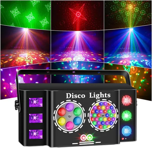 Vista 10 de Luces de fiesta de bola de discoteca 3 en 1, luz estroboscópica de DJ activada por sonido con 60 patrones, proyector LED alimentado por USB