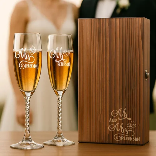 Vista 2 de Mr and Mrs - Juego de copas de champán con caja de madera grabada, elegantes copas de brindis de boda, regalo para novia y novio, compromiso