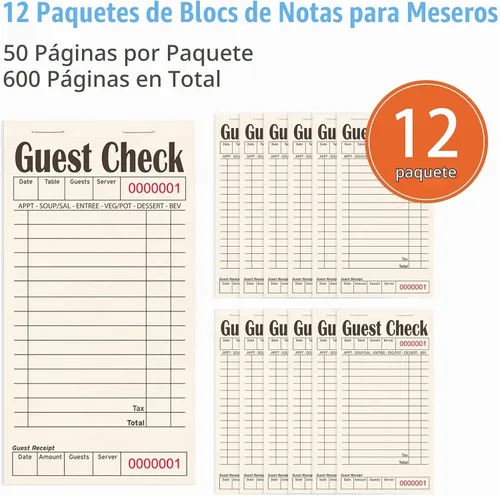 Vista 2 de Libros de cheques de invitados para servidores, bloc de notas de servidor, paquete de 12, papel de color natural, bloc de notas para camarera