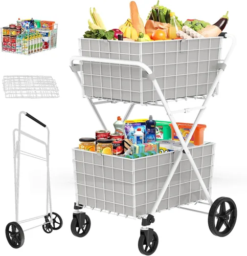 Vista 13 de Carrito de Compras Plegable de Servicio Pesado para Comestibles, Carritos de Comestibles Jumbo con Ruedas Giratorias de 360°, Bolsa Impermeable