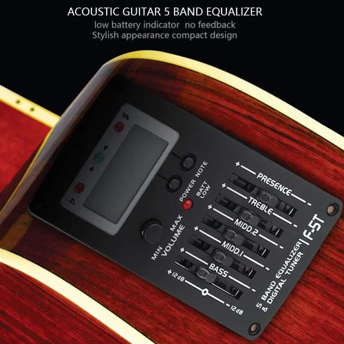 Vista 2 de Ecualizador de guitarra de 5 bandas, F-5T EQ ecualizador Pickup Tuner para guitarra acústica instrumento musical