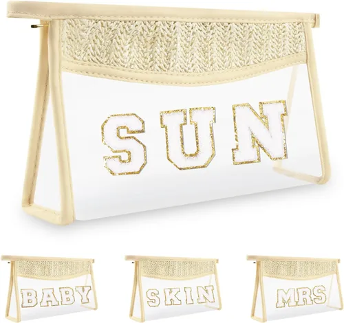 Vista 14 de Iqimott 2 bolsas de maquillaje con parches transparentes, bolsa de letras boho para nadar en la playa, bolsas de maquillaje impermeables