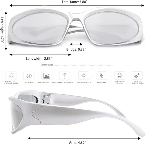 Vista 3 de knliwkm Y2K - Gafas de sol envolventes deportivas futuristas ovaladas para mujeres y hombres 2022 a la moda, color plateado
