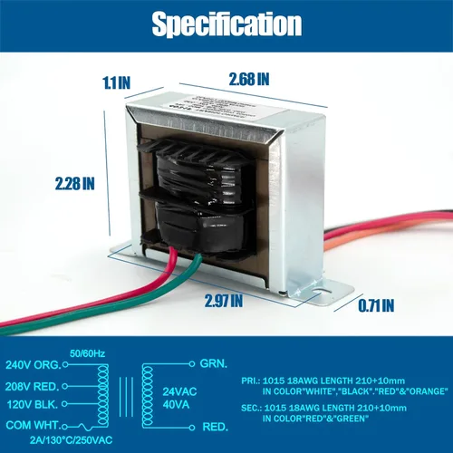 Vista 4 de Transformador de Control 24V 40VA, Primario 120, 208, 240V Secundario 24V, Caldera HVAC Multi Tap con Montaje de Base