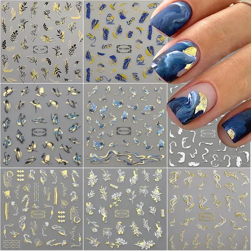 Vista 9 de 12 hojas de calcomanías de uñas doradas, calcomanías de uñas autoadhesivas 3D de metal con diseño de rayas geométricas onduladas, diseños de arte