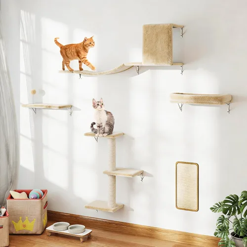 Vista 15 de COZIWOW Muebles para gatos montados en la pared, estantes y perchas de pared para gatos, estantes flotantes para gatos para pared, juego de 5 (beige)
