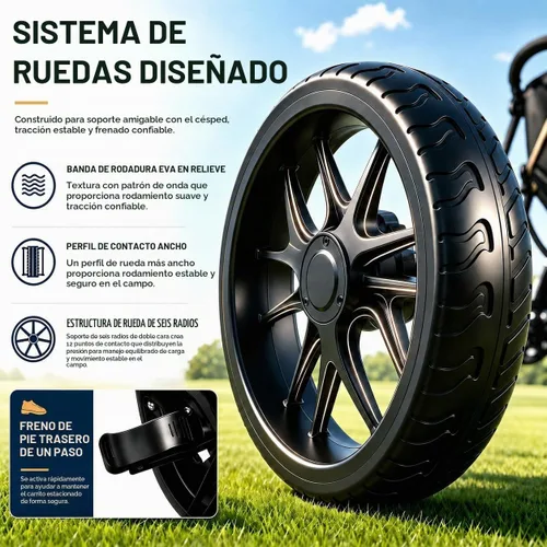 Vista 3 de JANUS Pace - Carrito de golf con soporte giratorio de 360°, carrito de golf plegable de 3 ruedas con plegado de un solo clic, ruedas anchas de EVA