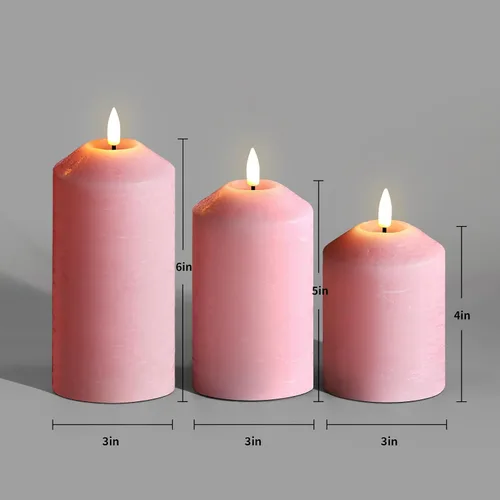Vista 2 de Velas de pilar sin llama rosa con control remoto, velas LED parpadeantes de cera a pilas, juego de 3 Flickering LED Candles, 2 AA Battery