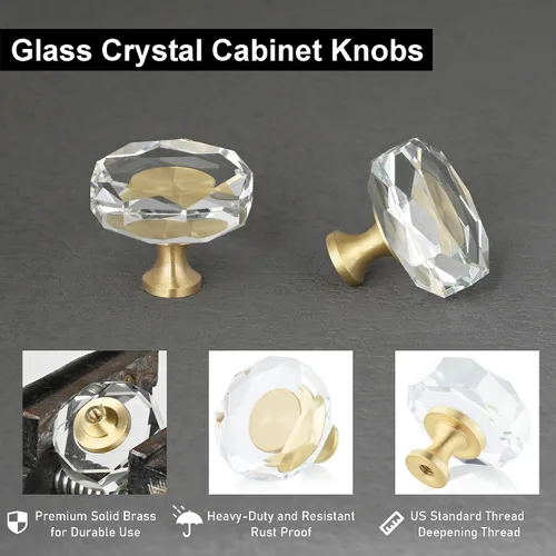 Vista 2 de QOGRISUN Paquete de 2 pomos de gabinete de cristal de latón, pomos de cajón dorados de cristal de cristal, polígono de 1-1/4 pulgadas, tiradores
