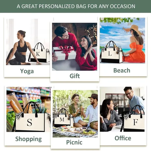 Vista 7 de Regalos de cumpleaños para mujer, bolsa de playa de lona con iniciales y bolsillos con cremallera, regalos personalizados para madre de la novia