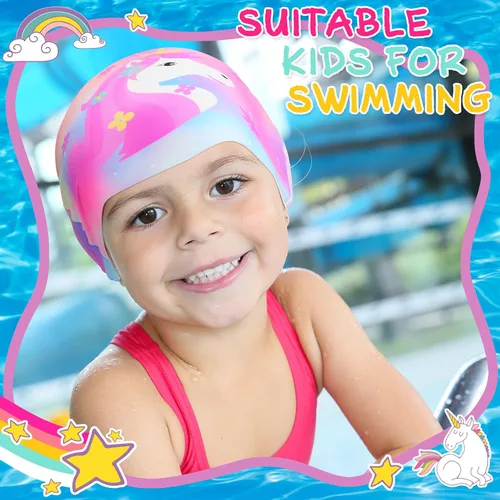 Vista 6 de Syhood Gorras de natación para niños, 3 unidades, impermeables, gorro de natación de dibujos animados para cabello largo y corto, para niños y niñas