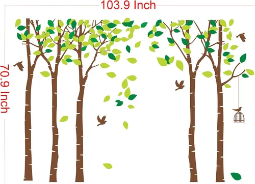 Vista 4 de luckkyy Calcomanía para pared, Gran Familia de cinco Árboles con pájaros y jaulas, para habitación familiar, arte decoración.