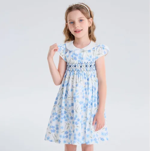 Vista 2 de Girls Smocked Blue Dress Toddler Floral Summer Dress Vintage Dresses Kindergarten Graduation Dress