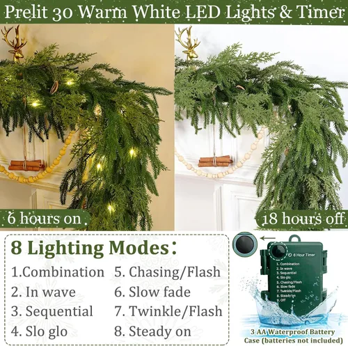 Vista 4 de Guirnalda de Pino Norfolk de Navidad Preiluminada con 30 Luces LED, 8 Modos y Temporizador, 6 Pies por 10 Pulgadas, Tacto Real, 80 Pinos Norfolk