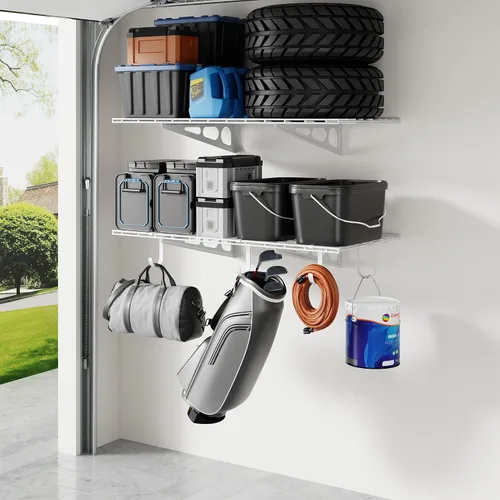 Vista 15 de FLEXIMOUNTS Paquete de 2 Estante de Pared de Garaje de 1x4 pies 12 pulgadas por 48 pulgadas Rack de Almacenamiento de Garaje Estantes Flotantes Negro