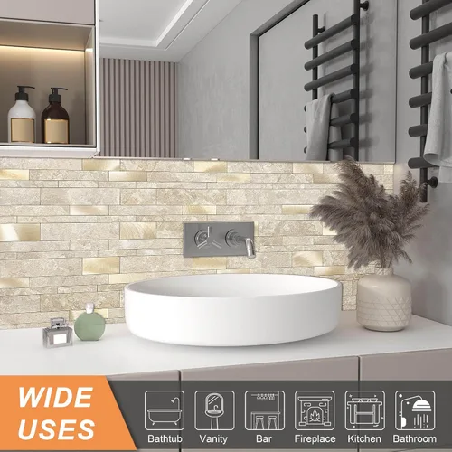Vista 3 de VAOVI Azulejos autoadhesivos para salpicaduras de cocina, azulejos estilo metro lineal de mosaico de piedra para baño, pared de ducha impermeable