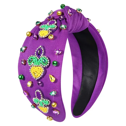 Vista 15 de MOLOCH Diadema de Mardi Gras para mujer, con cuentas moradas, amarillas, verdes, estrellas, diadema anudada, carnaval, joyería de cristal, nudo