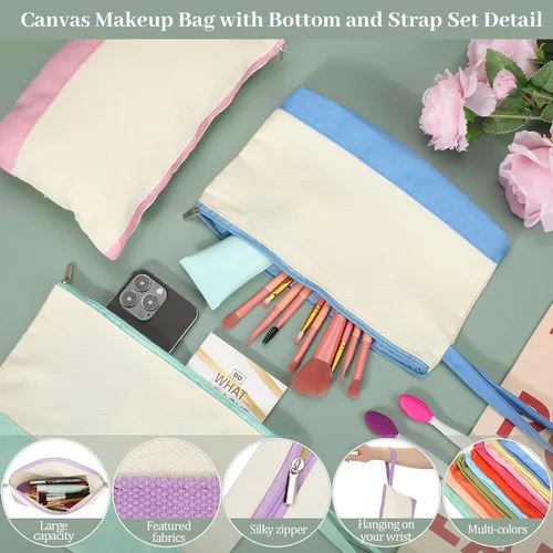 Vista 3 de Silkfly Bolsas de maquillaje de lona de algodón con cremallera cosmética de 10.2 x 5.5 x 2 pulgadas, bolsa de bricolaje en blanco a granel