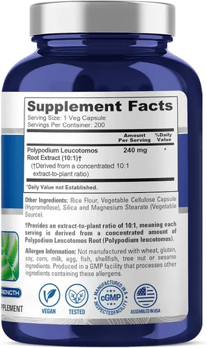 Vista 2 de NusaPure Extracto de Polypodium Leucotomos 2400mg 200 cápsulas vegetales (vegetariano, sin OMG, sin gluten)