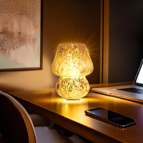 Vista 5 de Lámpara de mesa inalámbrica de cristal con forma de hongo para dormitorio, lámparas de mesita de noche de escritorio pequeñas para sala de estar