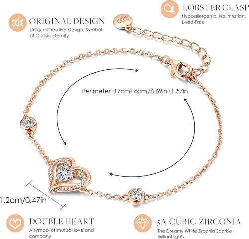 Vista 3 de CDE Pulseras de corazón de amor para mujer, plata de ley 925 con circonita de piedra natal, día de San Valentín, cumpleaños, aniversario, cadena
