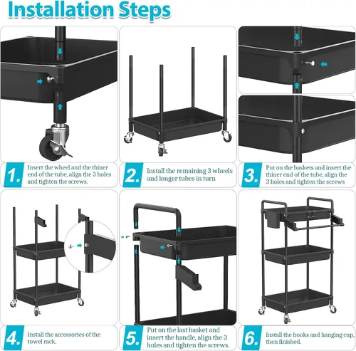 Vista 7 de SPACEKEEPER Carrito de almacenamiento rodante, carrito utilitario de 3 niveles, organización de cuarto de servicio, estantería móvil, organizador