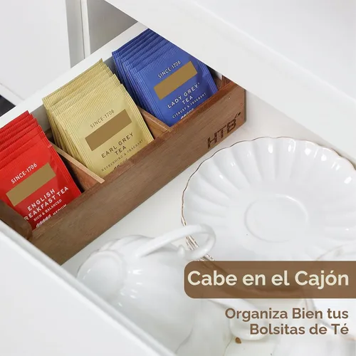 Vista 8 de HTB Caja de té pequeña de madera de acacia con 3 compartimentos para cajón de mostrador Tea Bag Chest with Handle, Mini Countertop Divided Storage