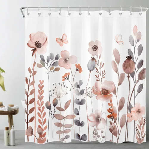 Vista 9 de Cortina de ducha con diseño bohemio de plantas y flores de acuarela sobre fondo beige, cortina de ducha de baño con hojas naturales, cortina