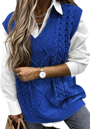 Vista 29 de EVALESS Chaleco Suéter de Gran Tamaño para Mujeres Cuello en V Sin Mangas Color Sólido Suéter Pullover Suelto 1 caqui.